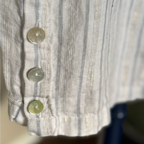 Cynthia Rowley Striped White Top with Side Button Detail & Gold Accent threading - Picture 2 of 8